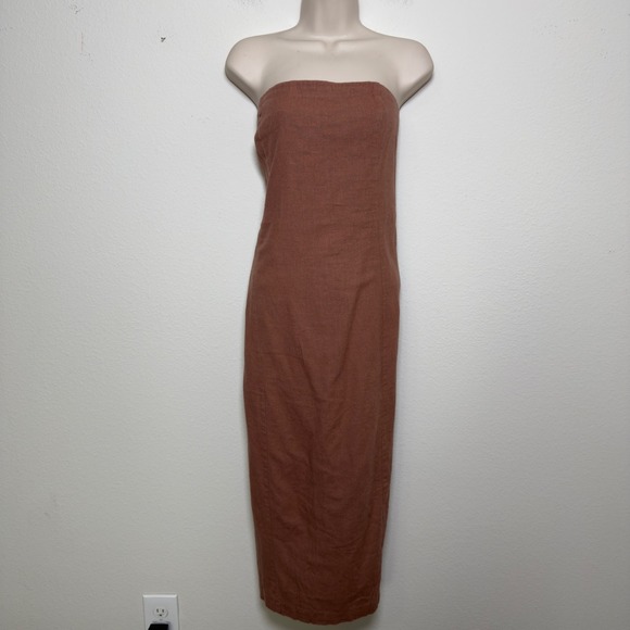 Abercrombie & Fitch Dresses & Skirts - Abercrombie & Fitch Women Linen Dress XL Brown‎ Strapless Midi Slit Western Boho